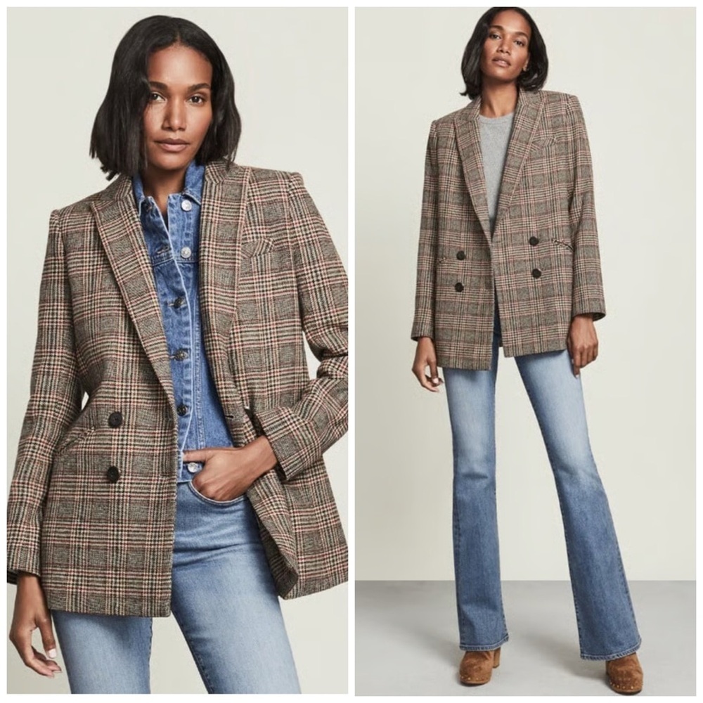 Veronica Beard Oria Glen Double Breasted Plaid Blazer Jacket Black Tan Size